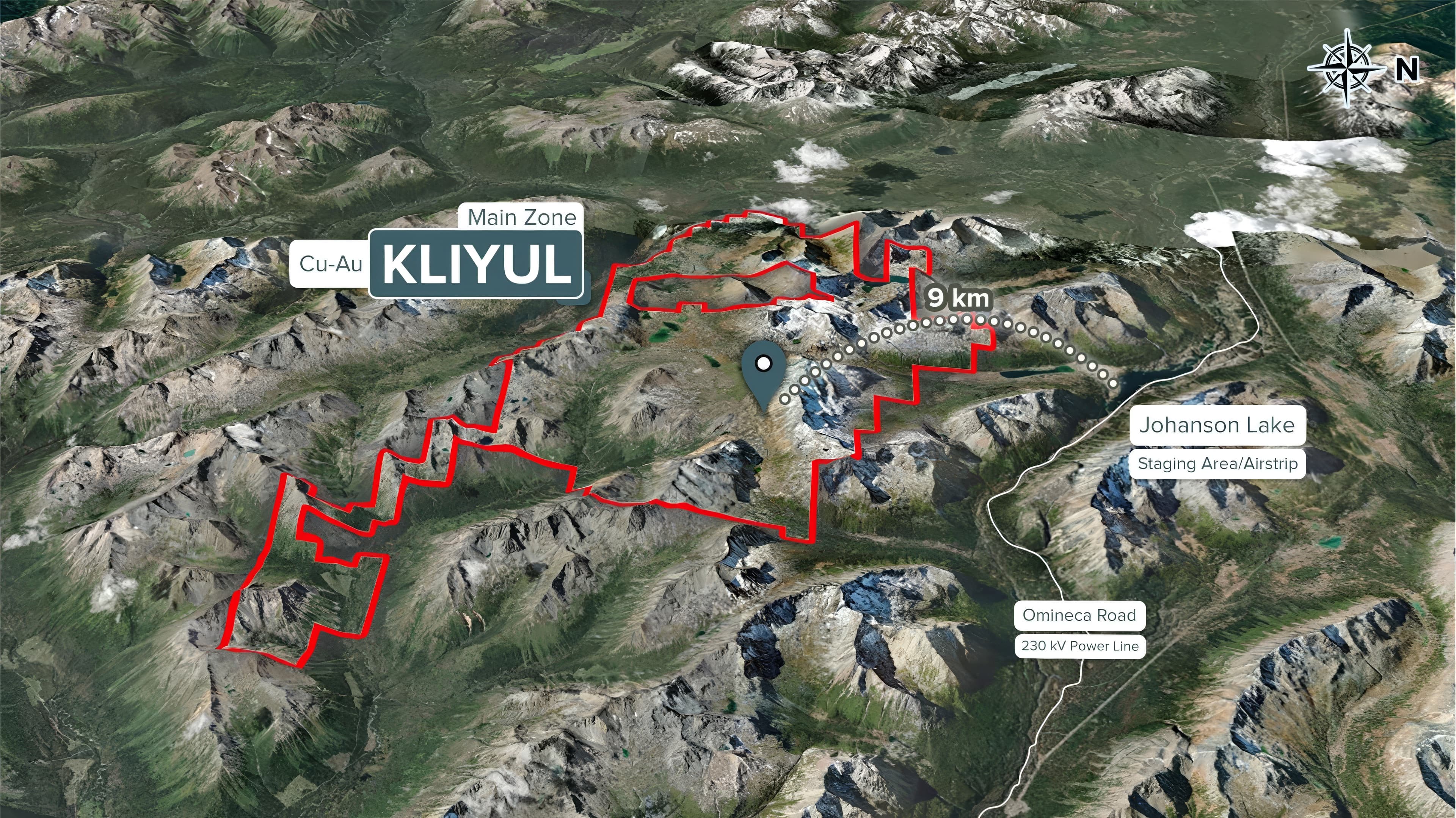 3D terrain view of the Kliyul claim block with the Omineca resource road and power line to the east