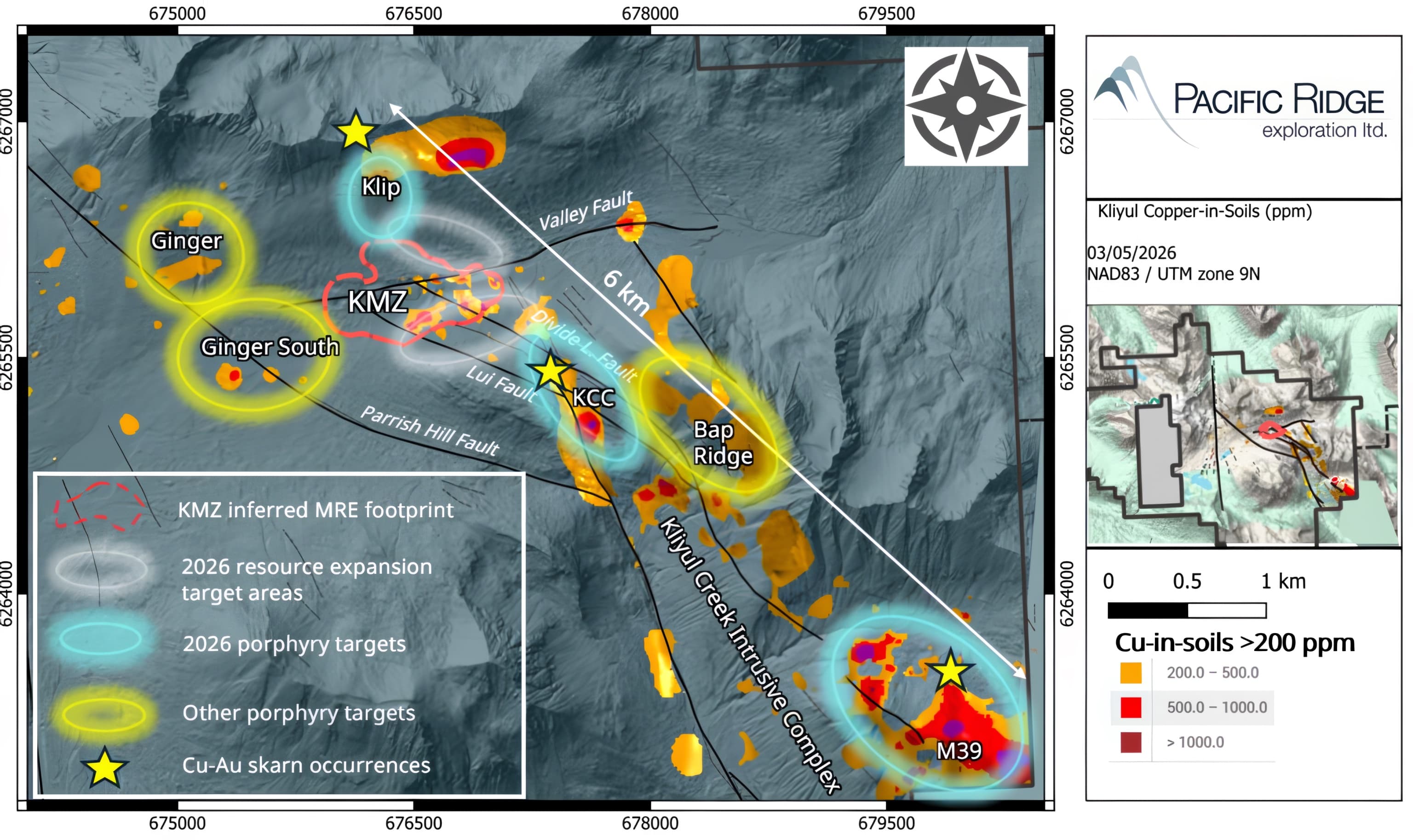 Kliyul copper-in-soils map showing the KMZ resource footprint and the KCC, Klip and M39 targets along a six-kilometre trend