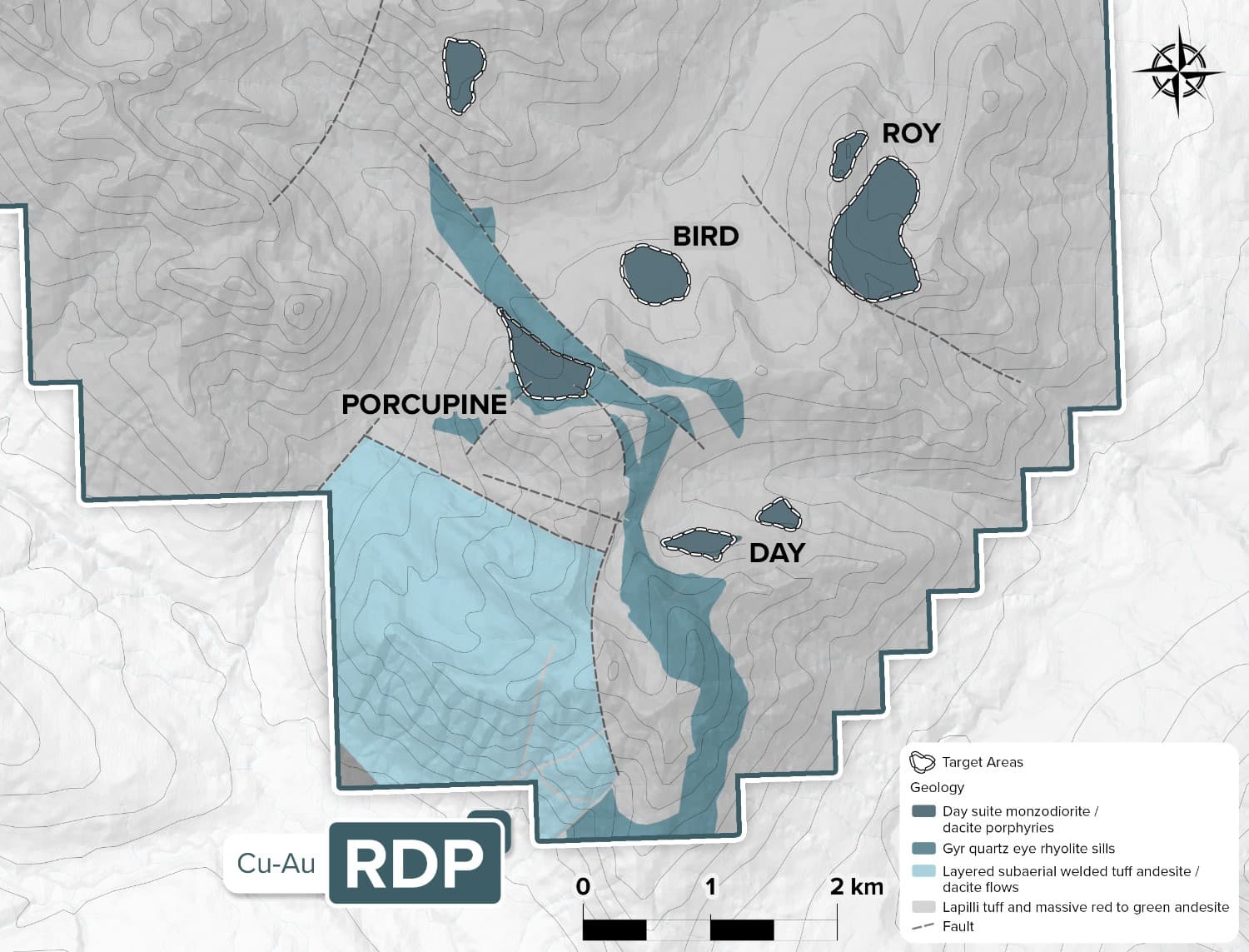 Map of target areas at the RDP copper-gold project: Roy, Bird, Porcupine and Day