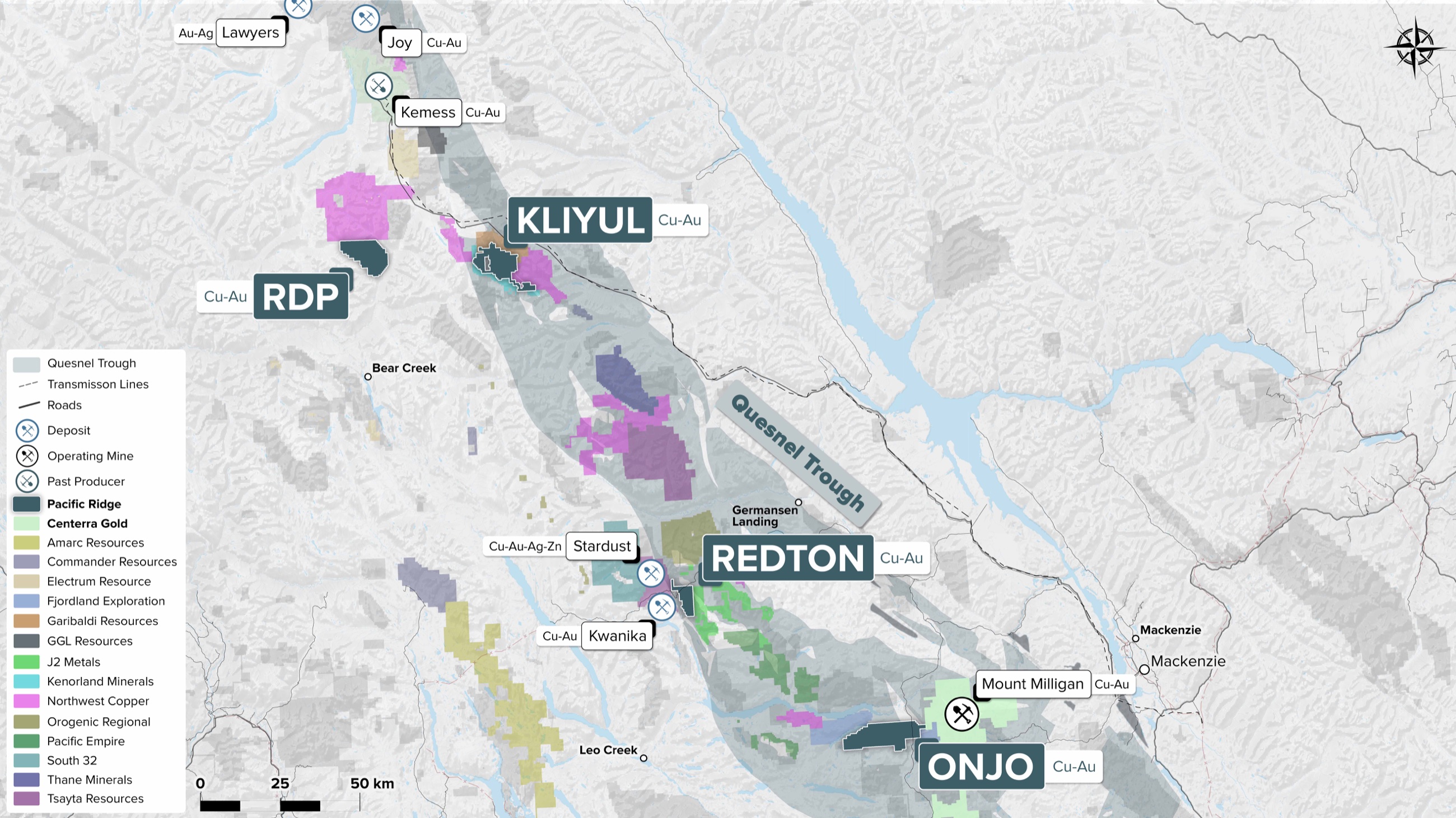 Regional claim map showing Redton, Kliyul, RDP and Onjo in British Columbia's Quesnel Trough
